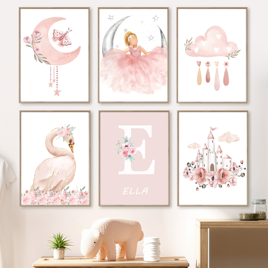 Baby Nursery Decor Girl - Pembe Melek Kız Güneş Ay Bulut