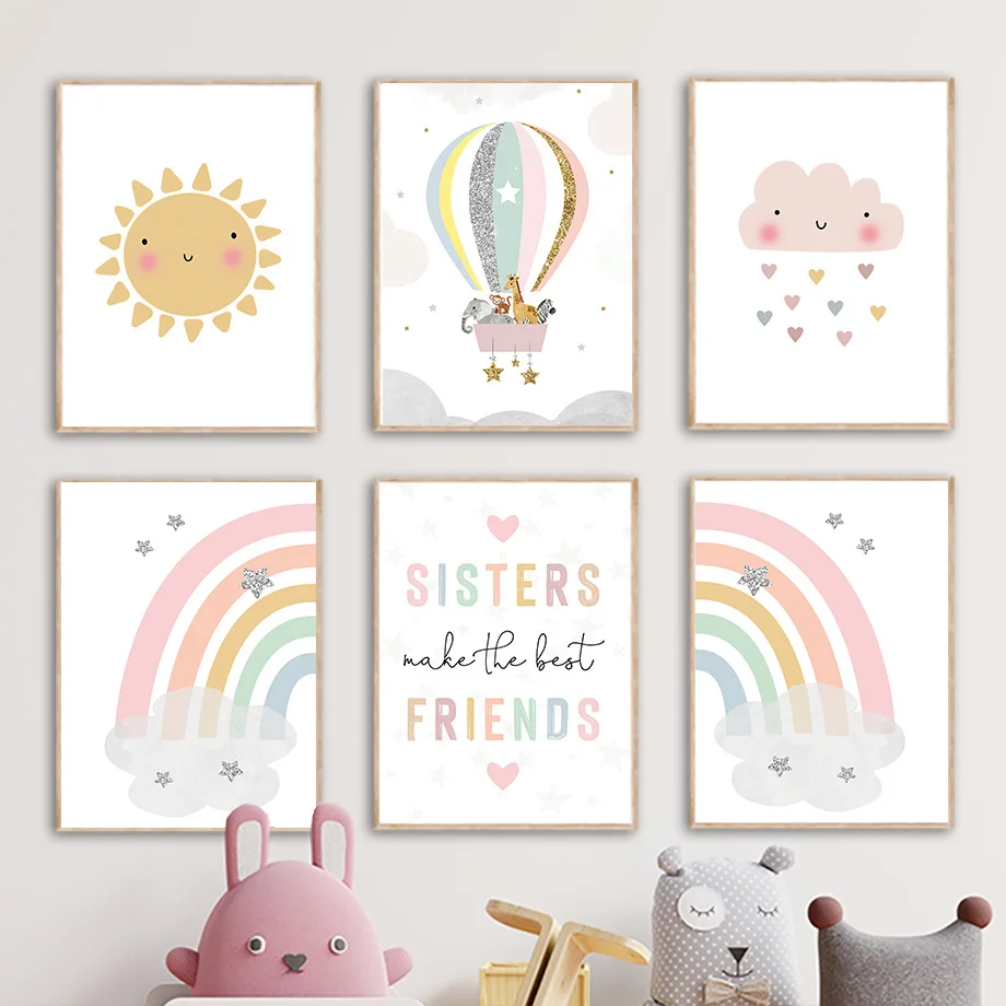 Baby Nursery Decor Girl - Zürafa Fil Sıcak Balon Güneş Gökkuşağı