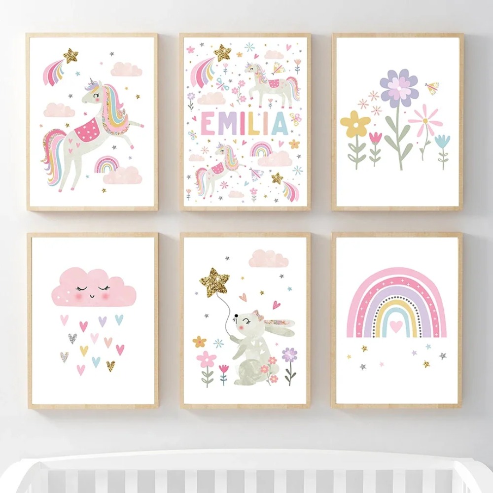 Baby Nursery Decor Girl - Pembe Unicorn Tavşan Gökkuşağı Bulut Çiçek