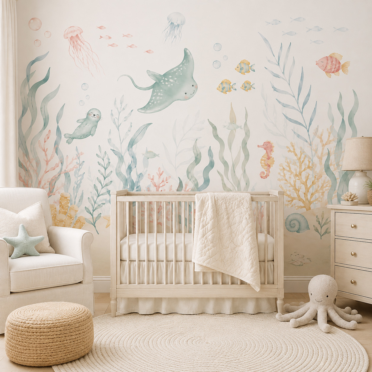 Baby Nursery Peel And Stick Wallpaper - Okyanus Hayvanları Kendinden Yapışkanlı Duvar Kağıdı