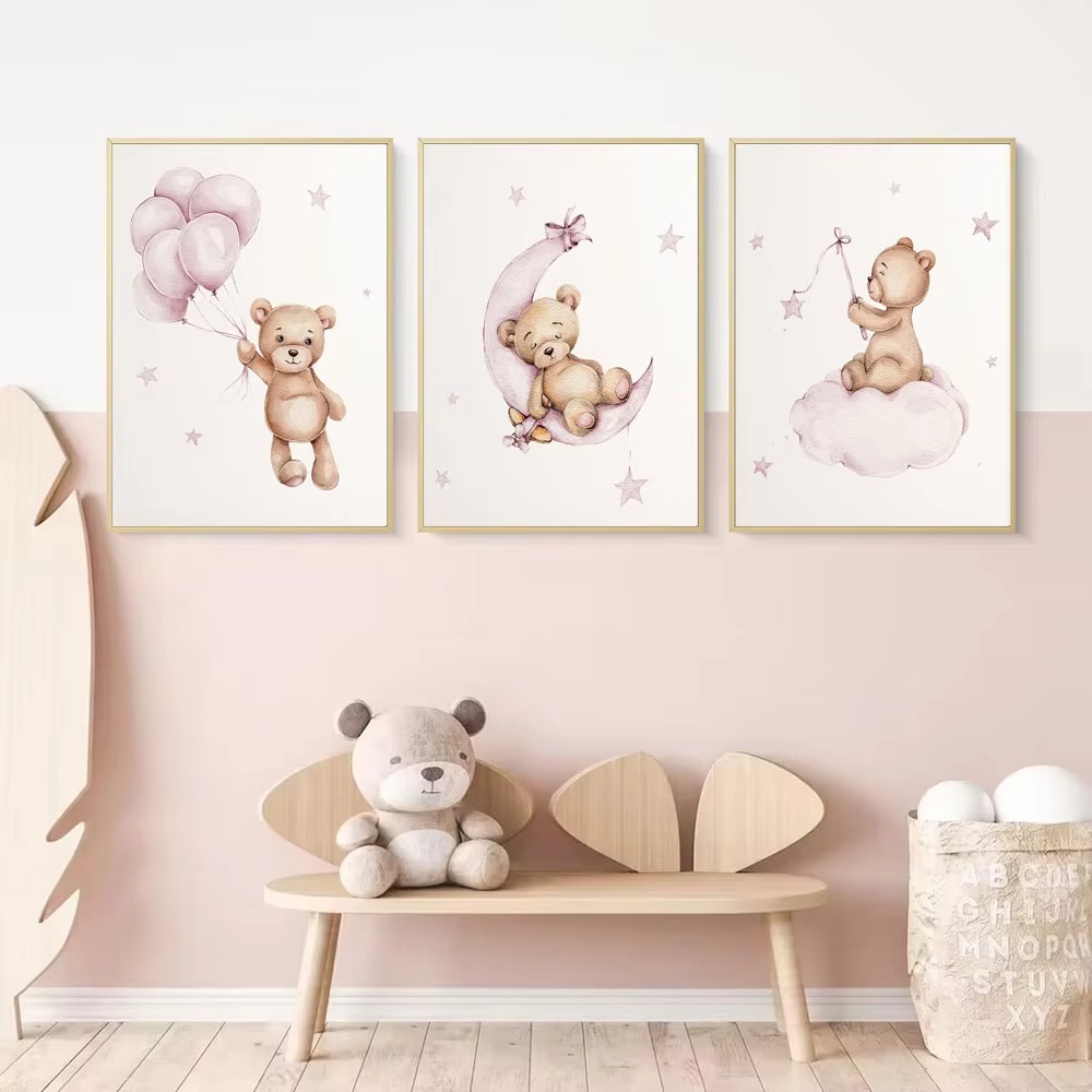 Baby Nursery Decor Girl - Ayıcıklı Çocuk Odası Duvar Sanatı Dekoru,