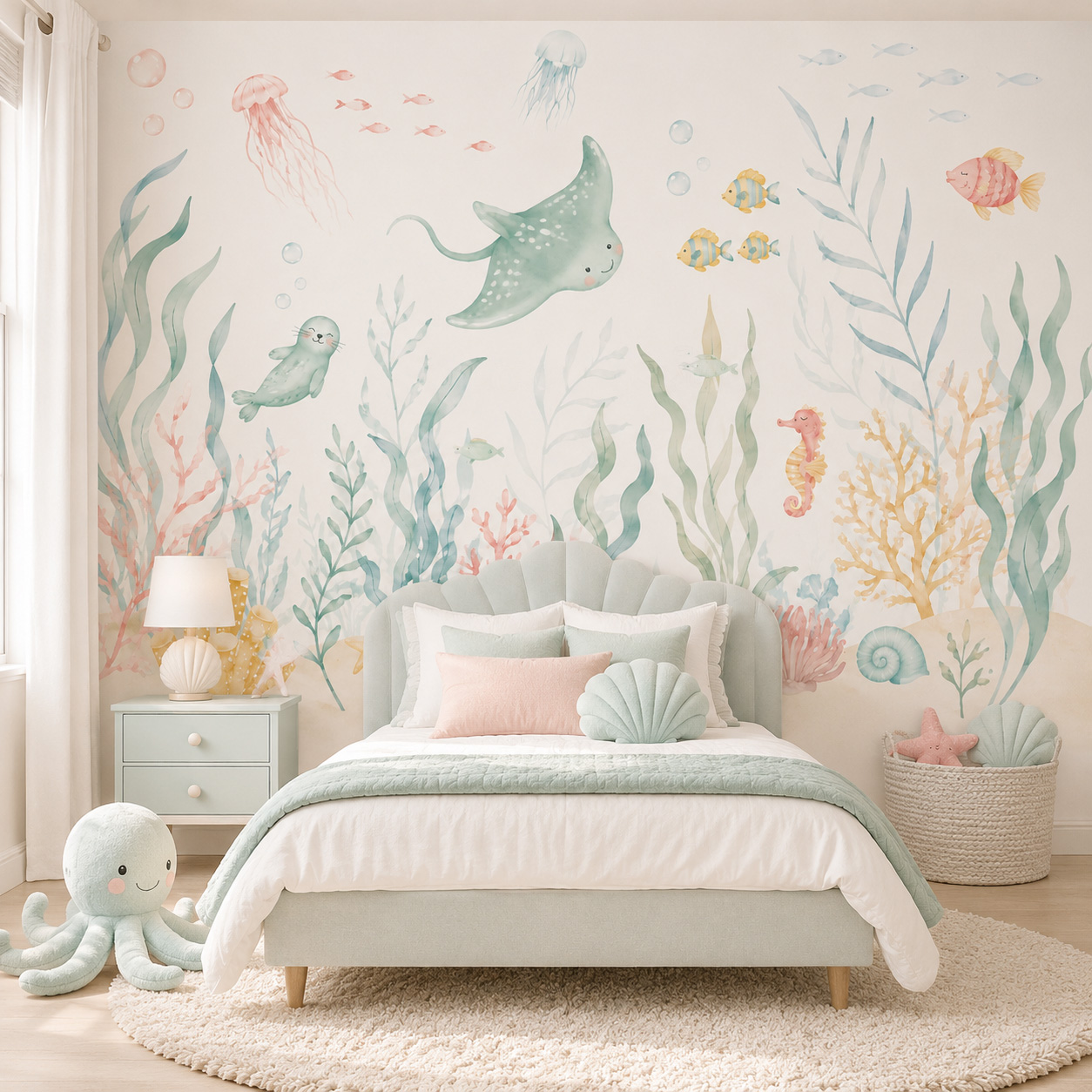 Okyanus Hayvanları Kendinden Y - Baby Nursery Peel And Stick Wallpaper incelemesi ve fiyatı
